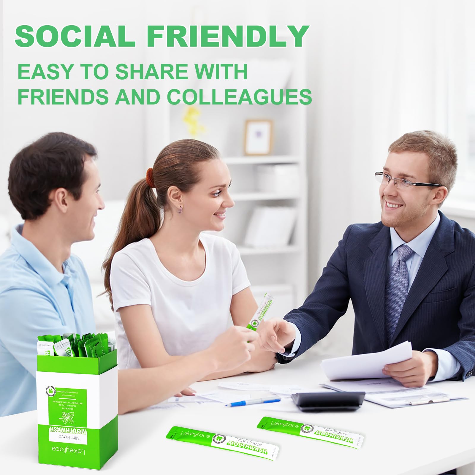 Travel-friendly mint mouthwash packets in a box