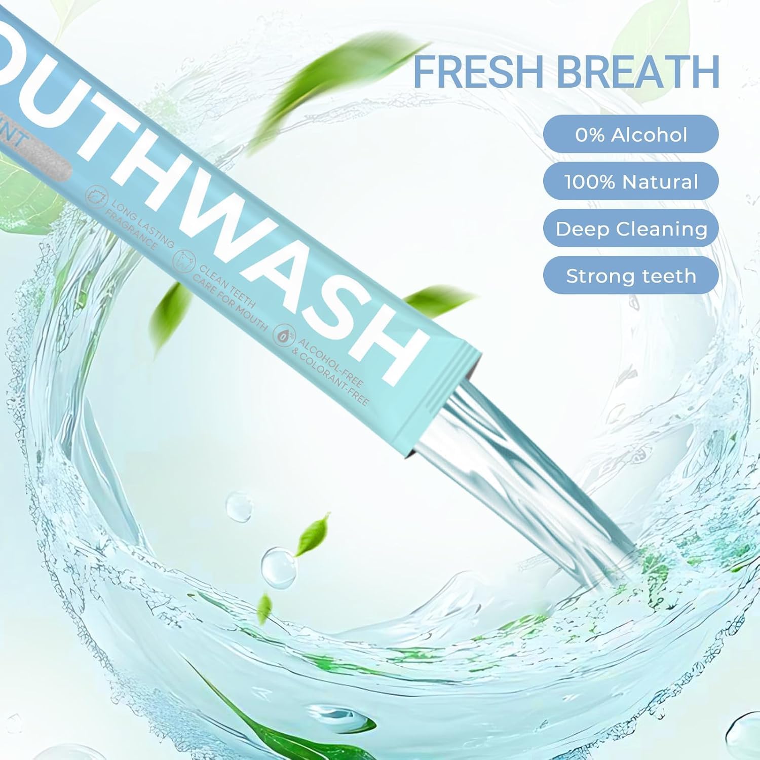 Close-up of mint-flavored, alcohol-free mouthwash packet