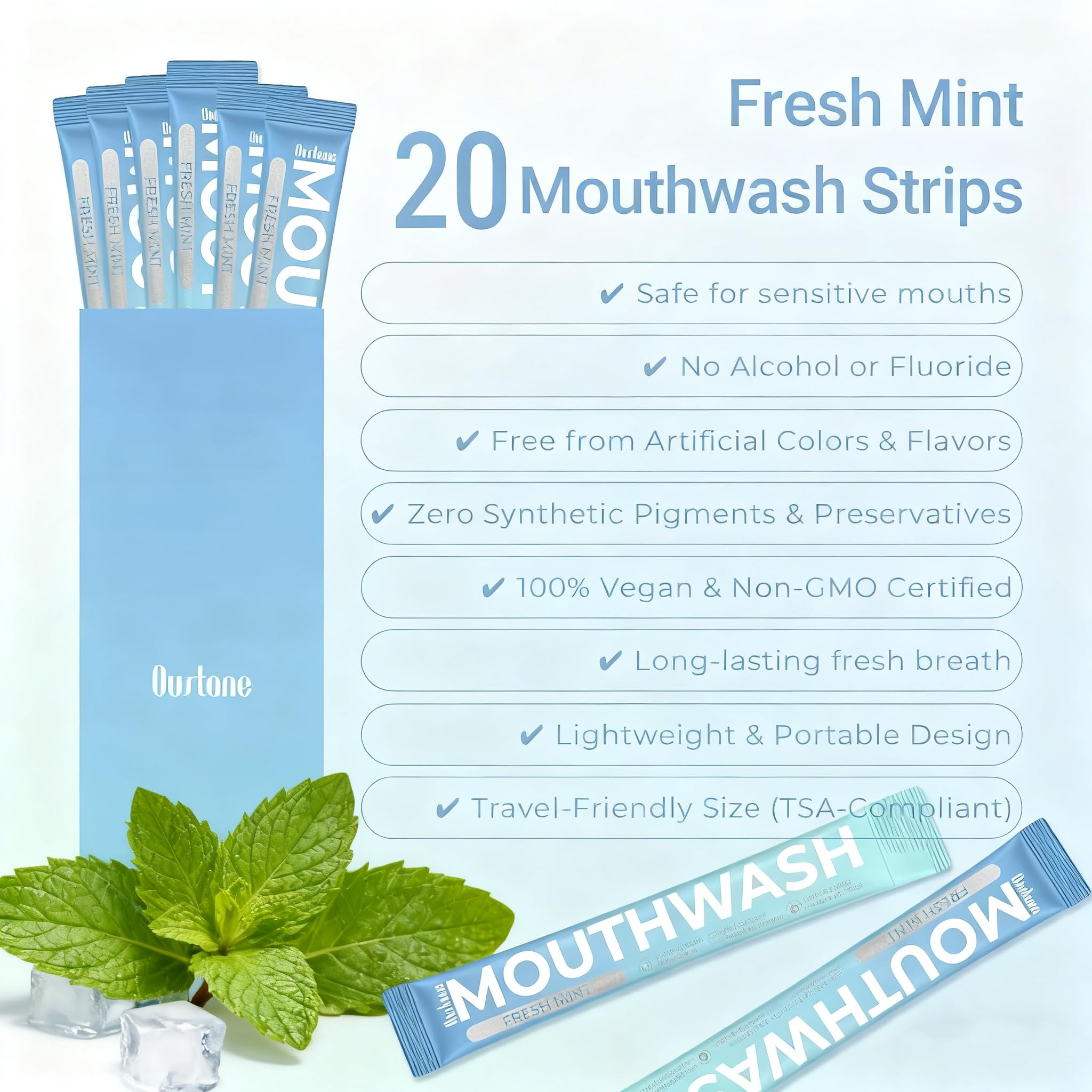 Packaged for air travel, compact single-use mouthwash