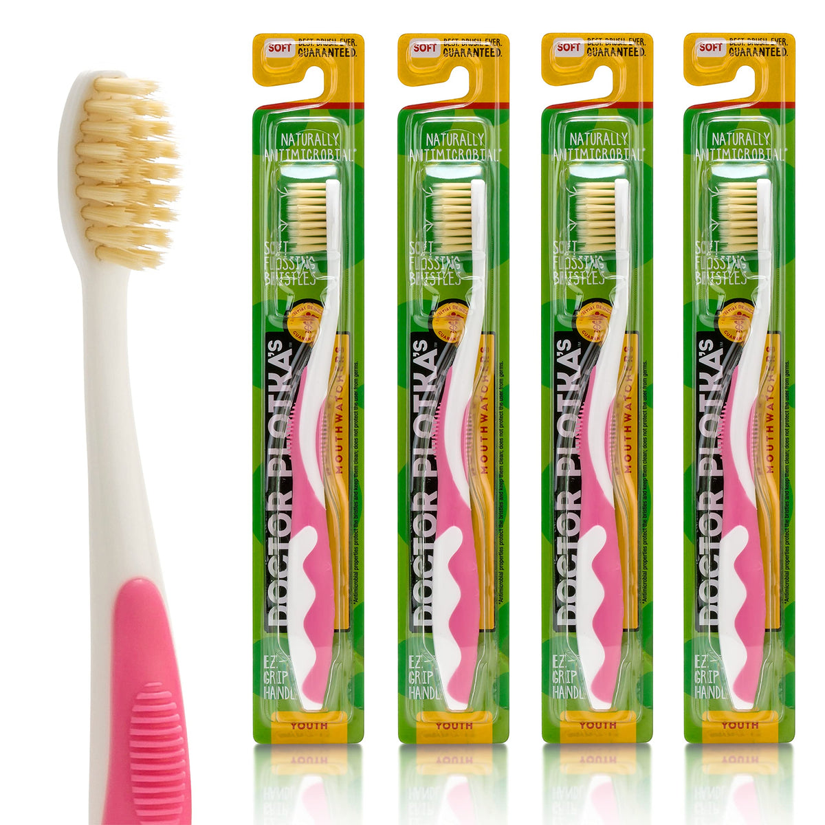 MOUTHWATCHERS Soft Children's Flossing Manual Toothbrush Pink Pack of 4 — front view