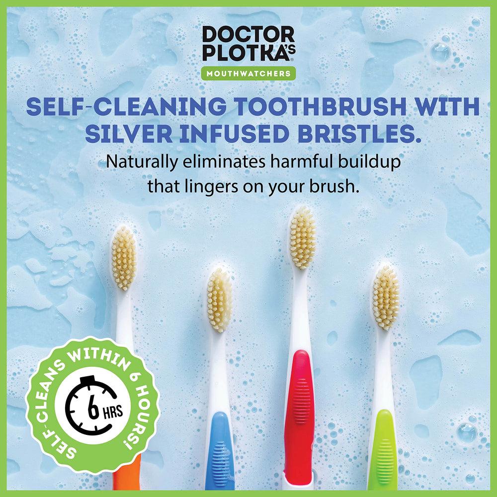 Dr. Plotka's branding on pink MOUTHWATCHERS toothbrushes