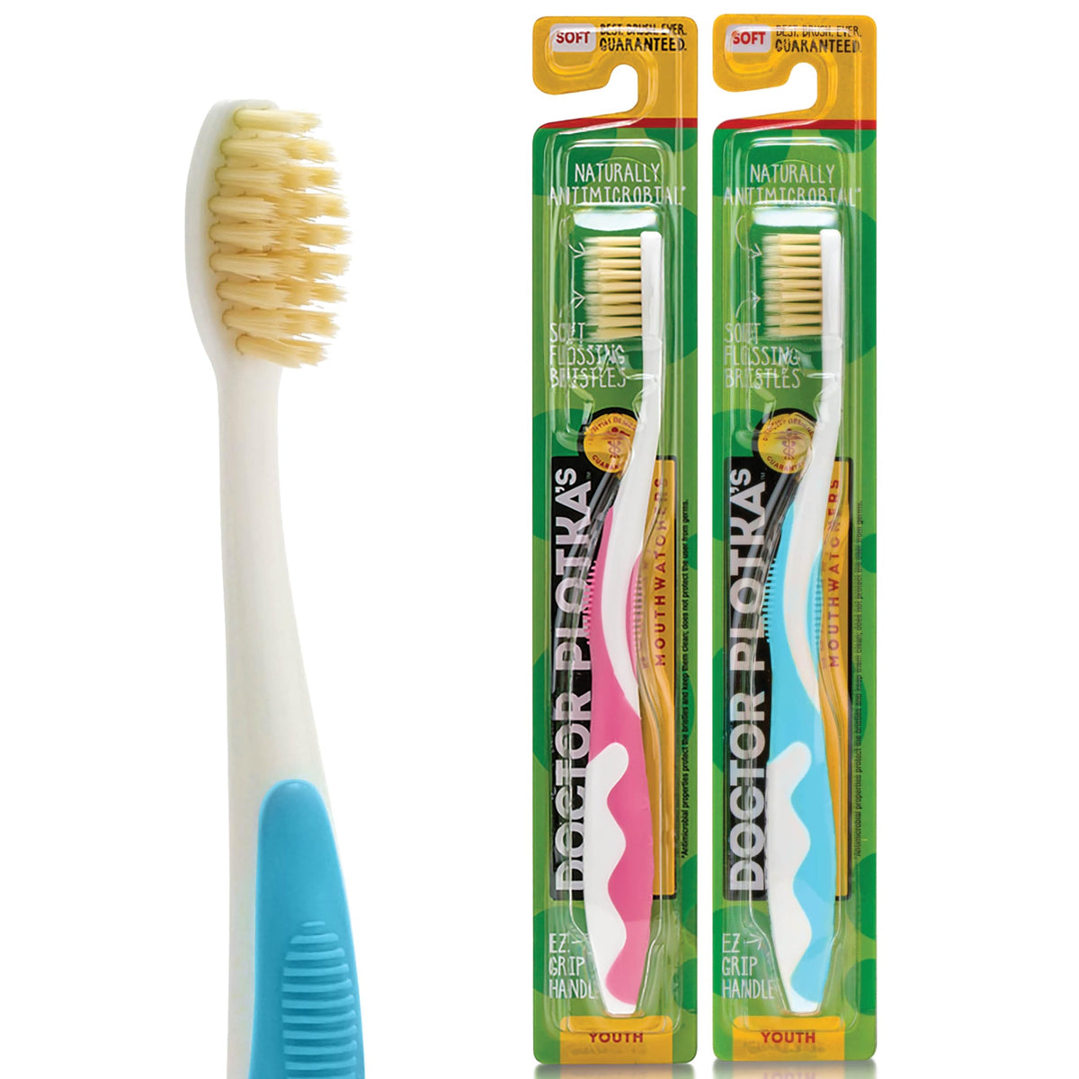 Two-pack of MOUTHWATCHERS Soft Children's Flossing Manual Toothbrushes in pink and blue