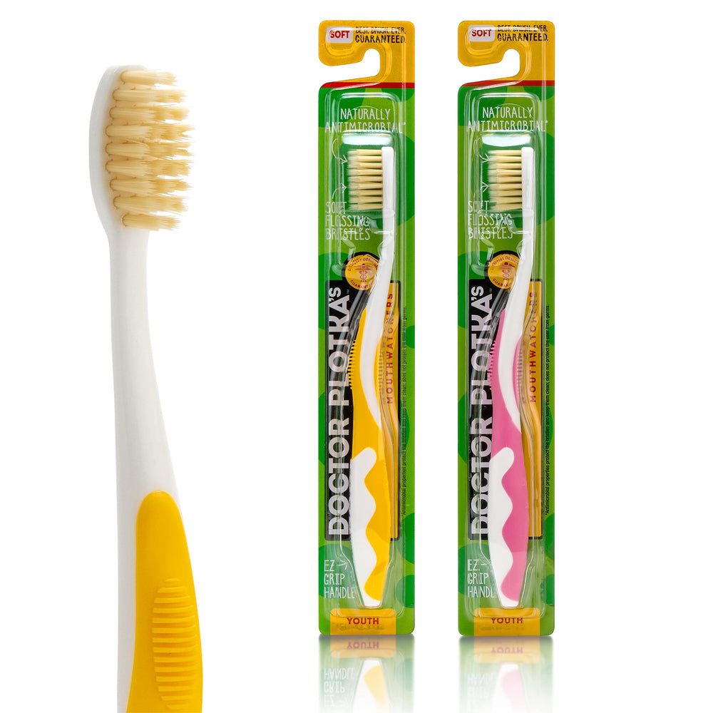 MOUTHWATCHERS soft children's flossing toothbrush pink 2-pack front view