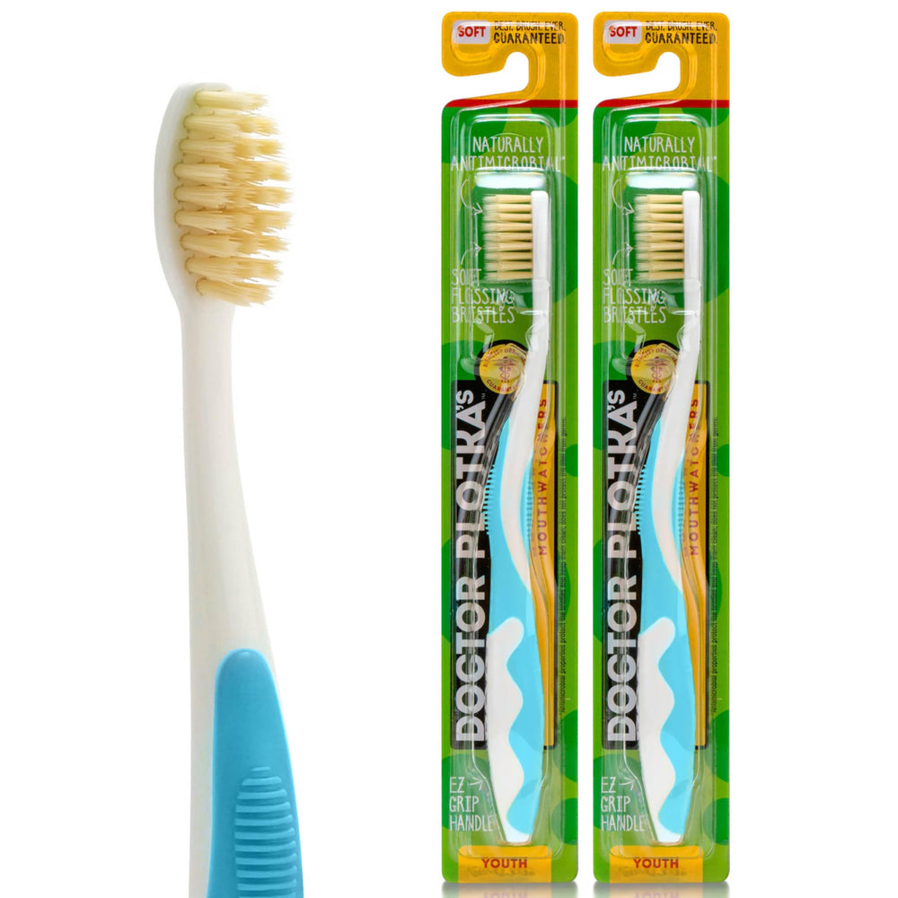 Two blue MOUTHWATCHERS soft children's flossing toothbrushes (set of 2)