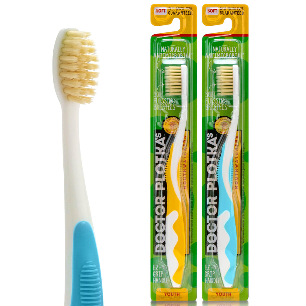 Hero image: MOUTHWATCHERS soft children's flossing toothbrush 2-pack in yellow and blue