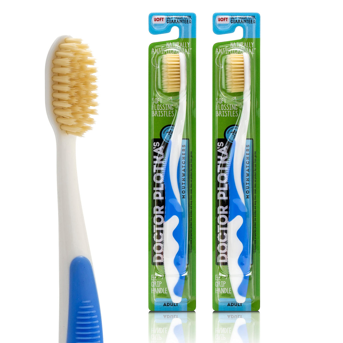 Two blue MOUTHWATCHERS flossing toothbrushes in a 2-pack