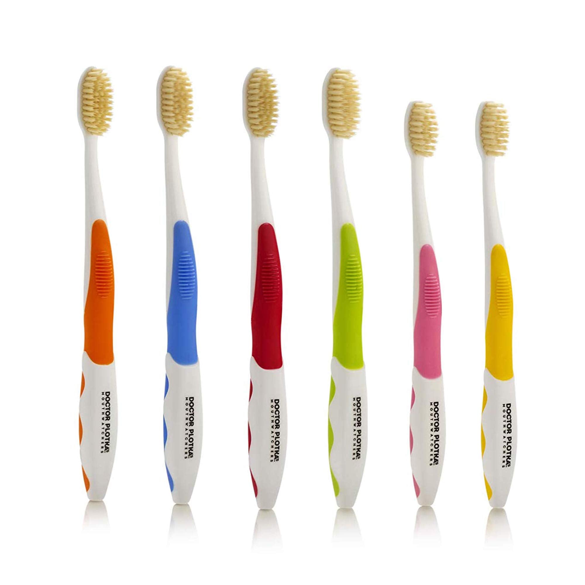 Front view of MOUTHWATCHERS Soft Flossing Toothbrushes value pack with 4 adults and 2 kids brushes