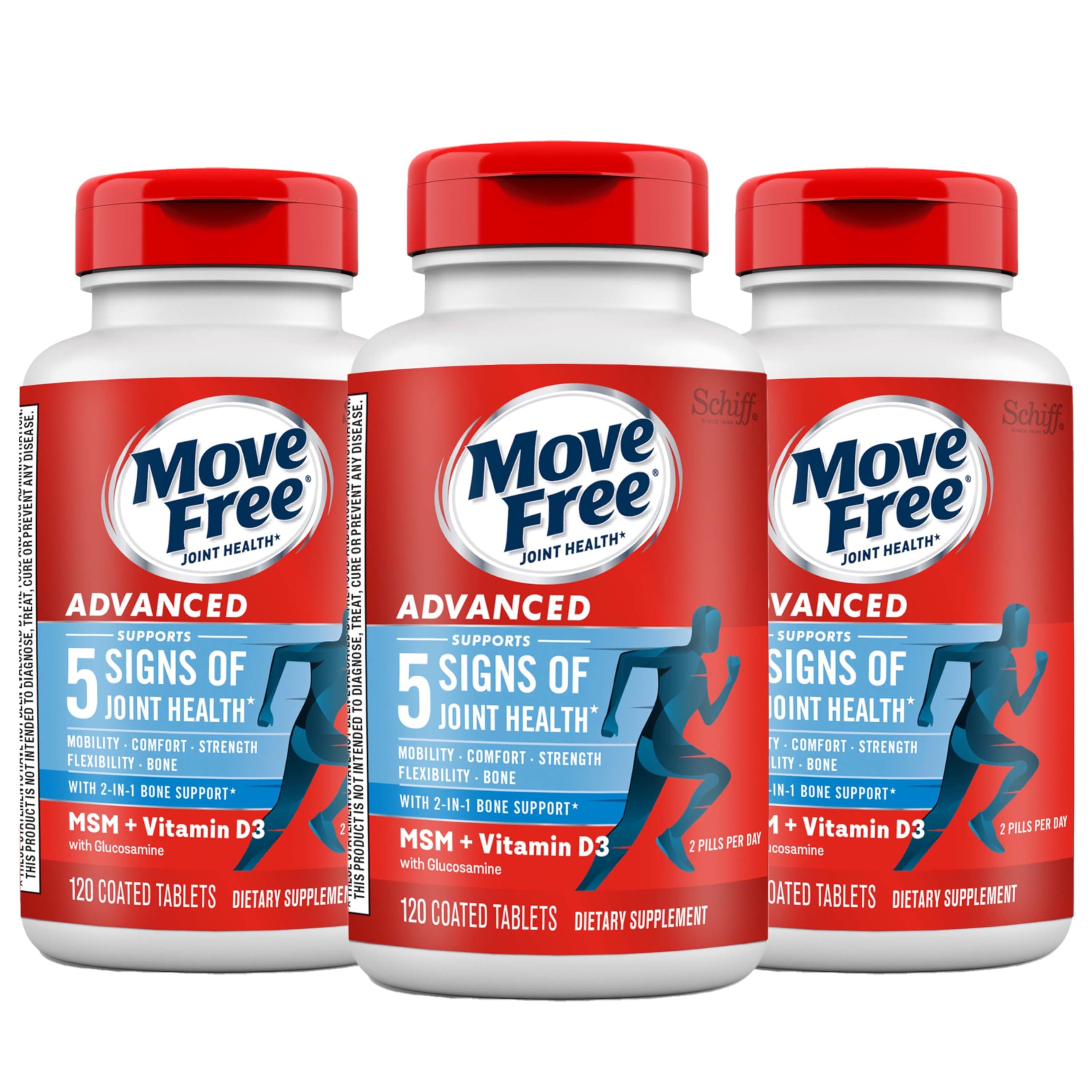 Move Free Advanced packaging with 3x120ct bottles - front view