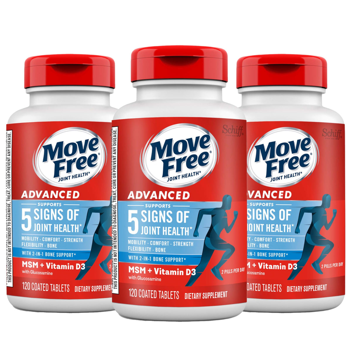 Move Free Advanced packaging with 3x120ct bottles - front view