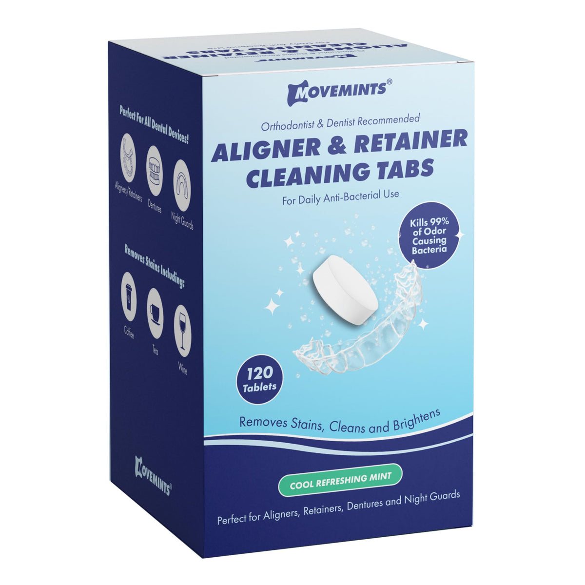 Movemints cleaning tablets for aligners, retainers, and dentures