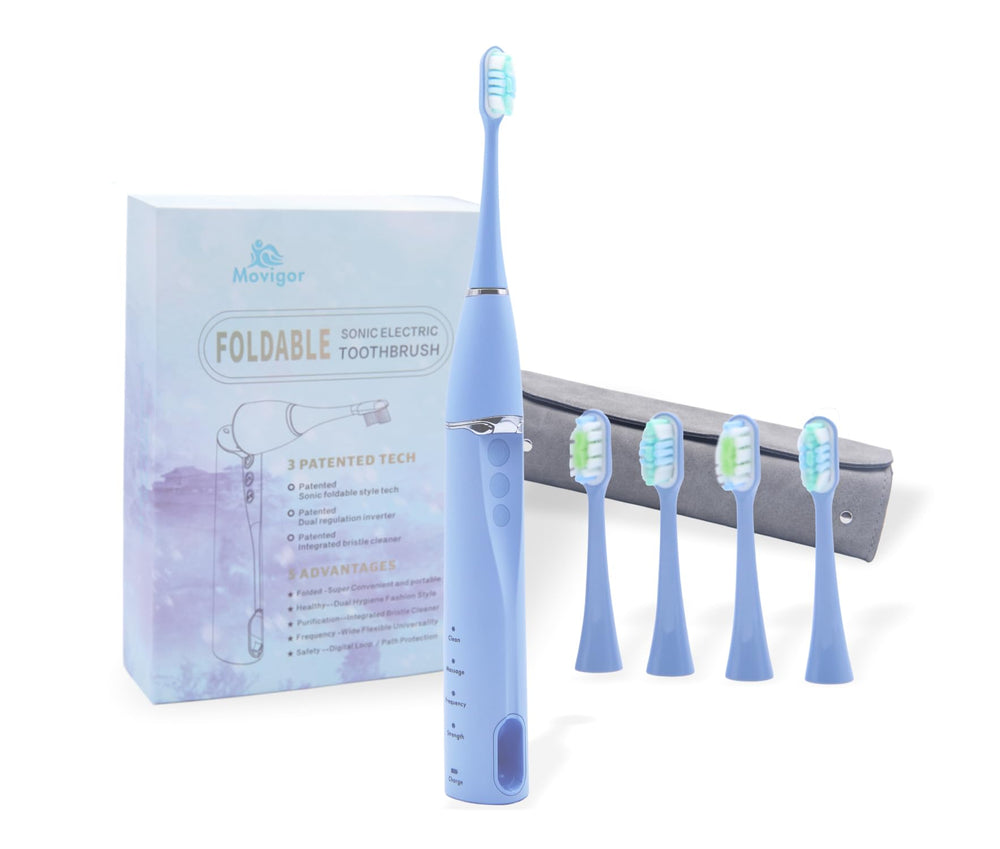 Movigor foldable electric toothbrush in blue, front view