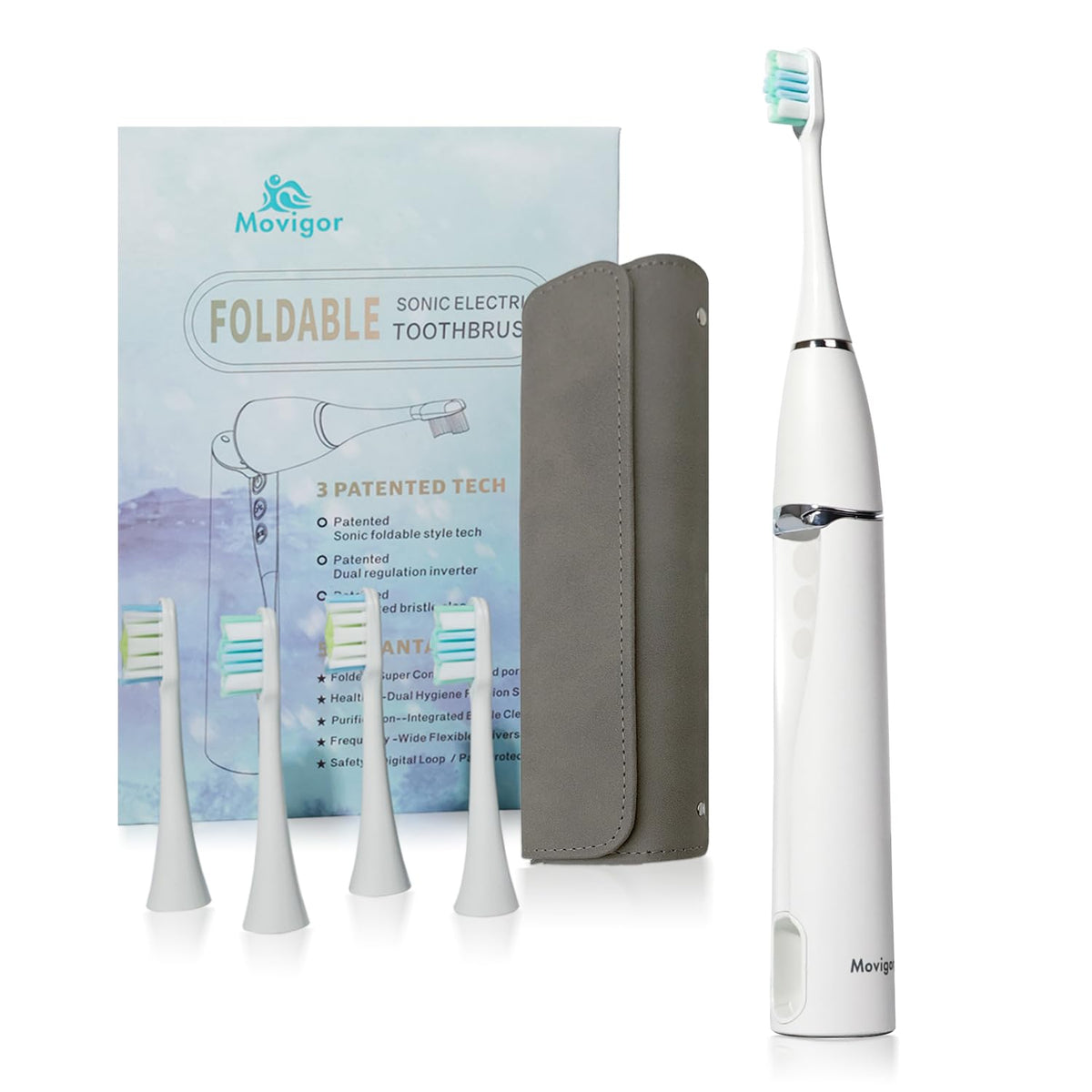 Movigor foldable electric toothbrush white front view