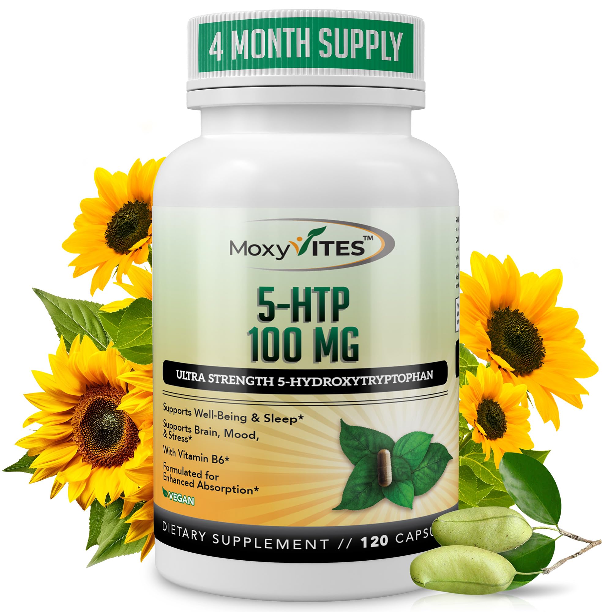 Bottle of MoxyVites 5-HTP 100mg with organic Griffonia simplicifolia