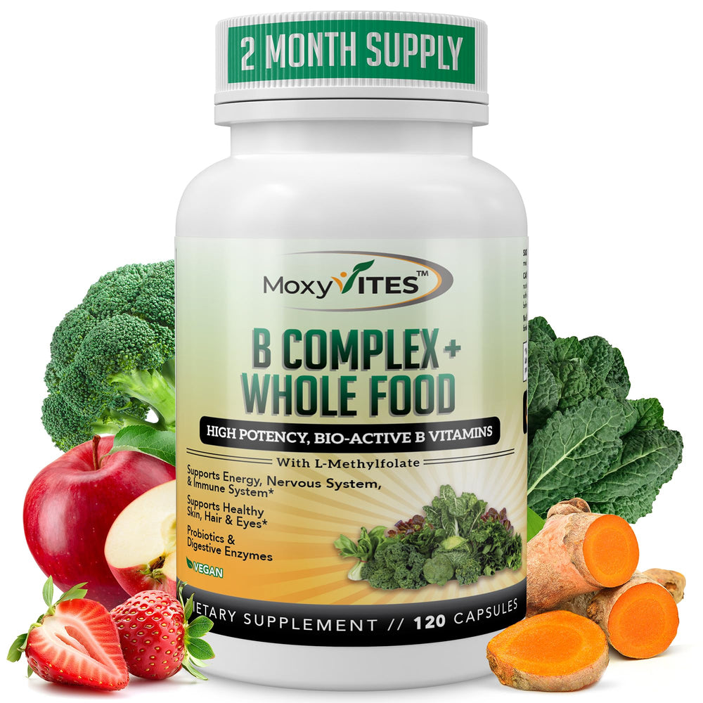 Bottle of MoxyVites Vitamin B Complex vegan supplement