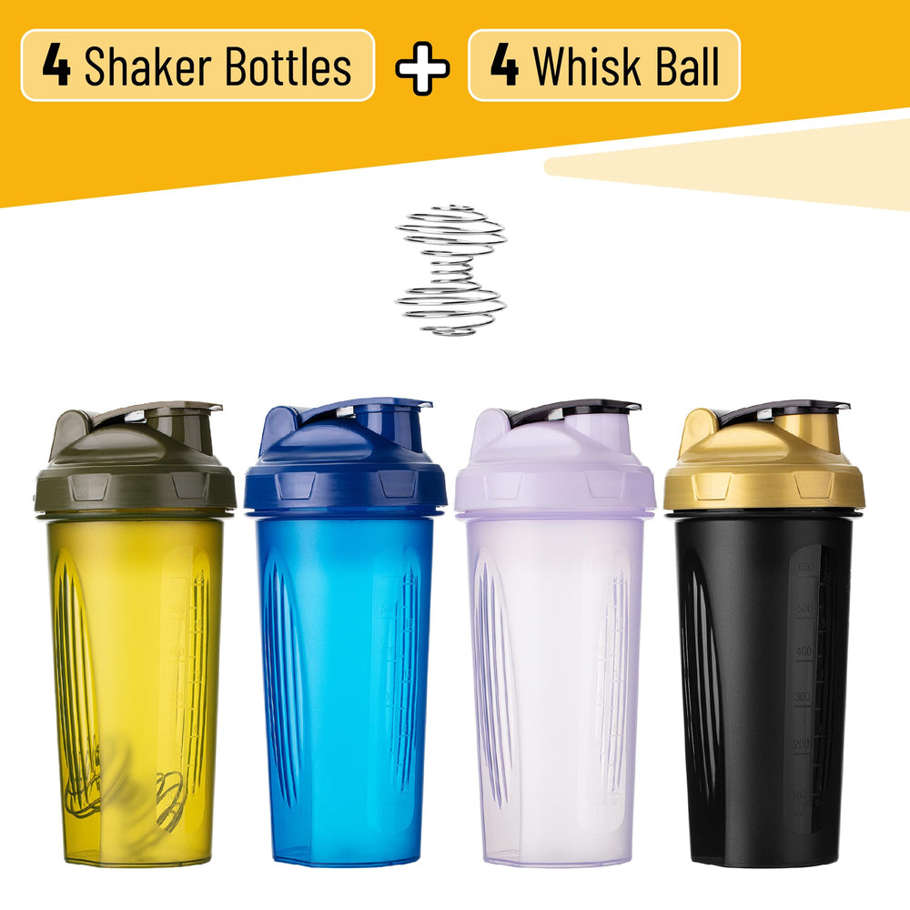 Close-up of colorful shaker bottles in the 4-pack
