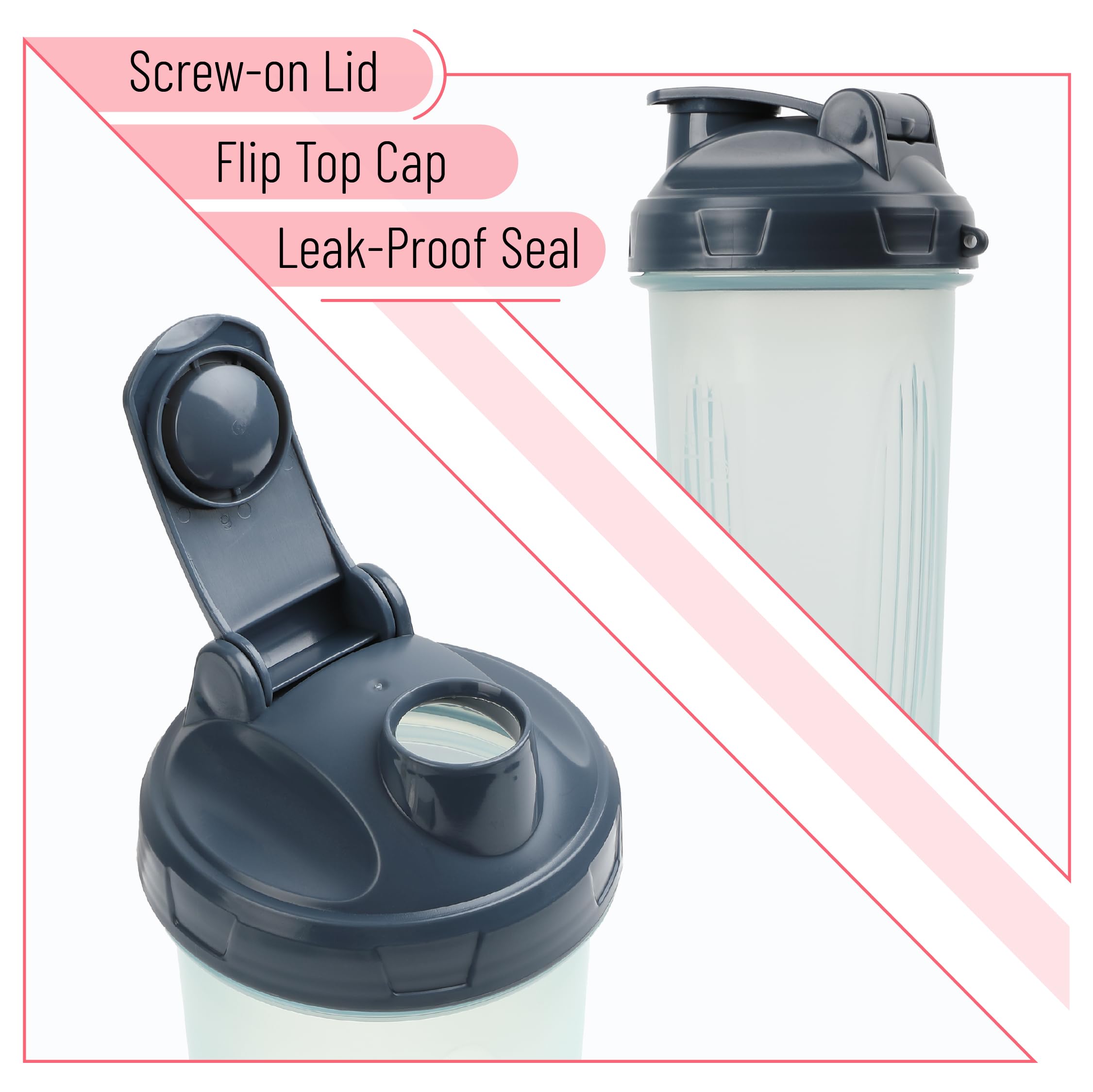 Leak-proof screw-on lid and flip cap on Mr. Pen Shaker Bottle