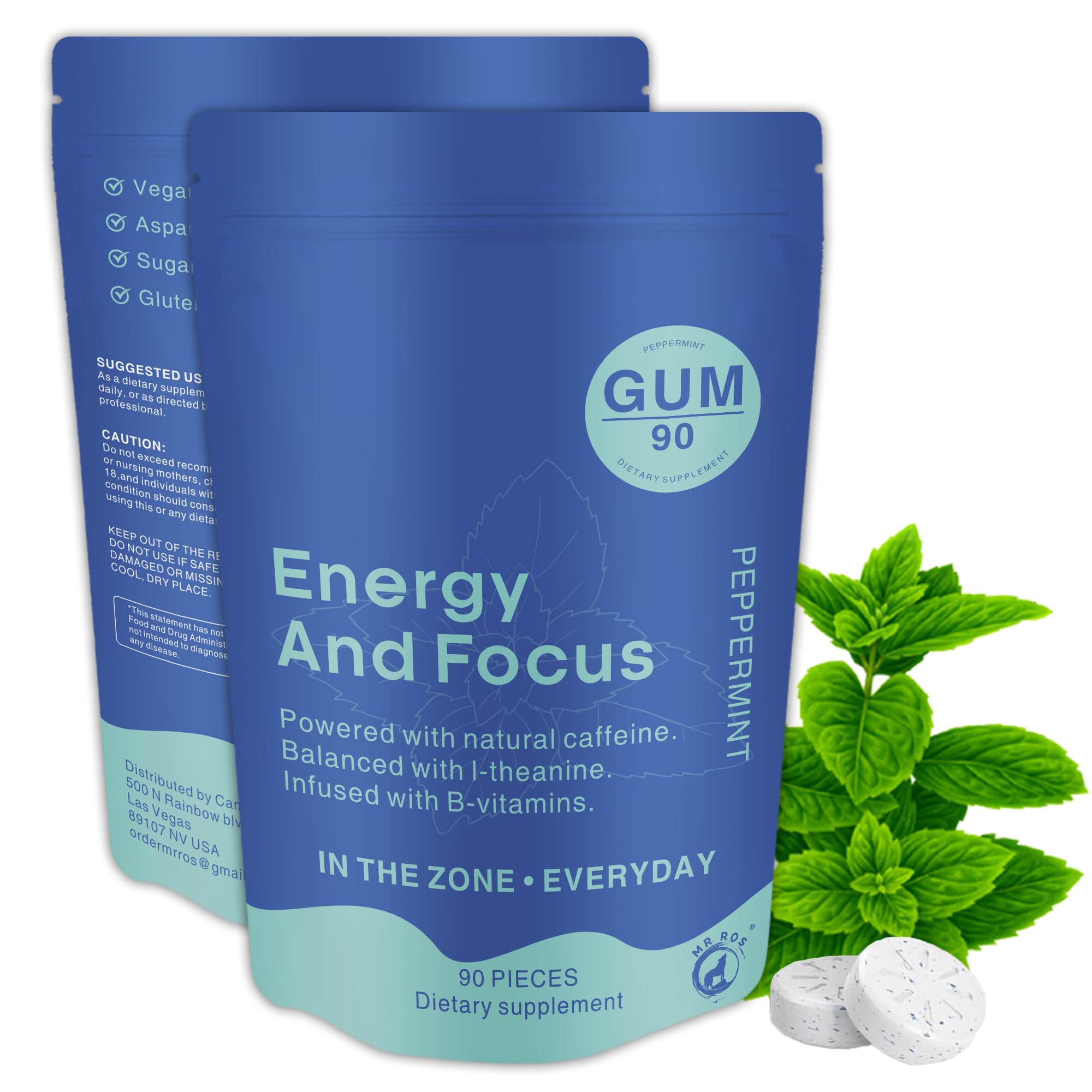 Front view of Mr Ros Energy & Focus Gum peppermint pack