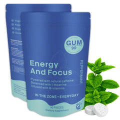 Front view of Mr Ros Energy & Focus Gum peppermint pack