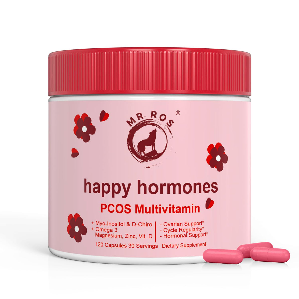 Mr Ros Happy Hormones PCOS multivitamin bottle with label