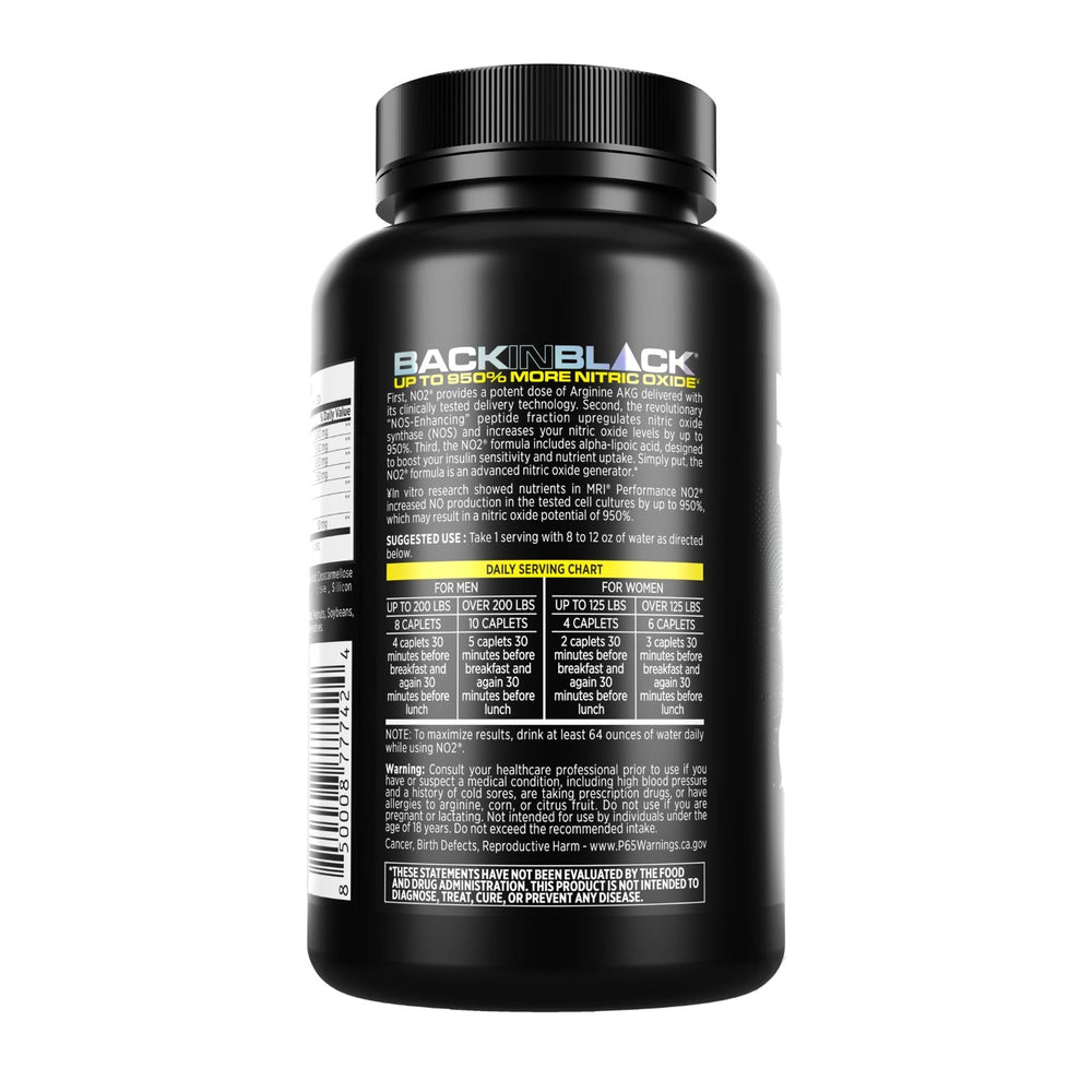 MRI Performance NO2 capsules close-up showing easy-to-swallow caplets for pre-workout use