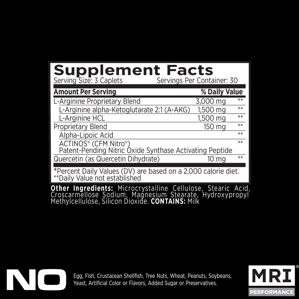 MRI Performance NO2 ingredients per serving graphic highlighting 3,000mg L-Arginine and AAKG for endurance