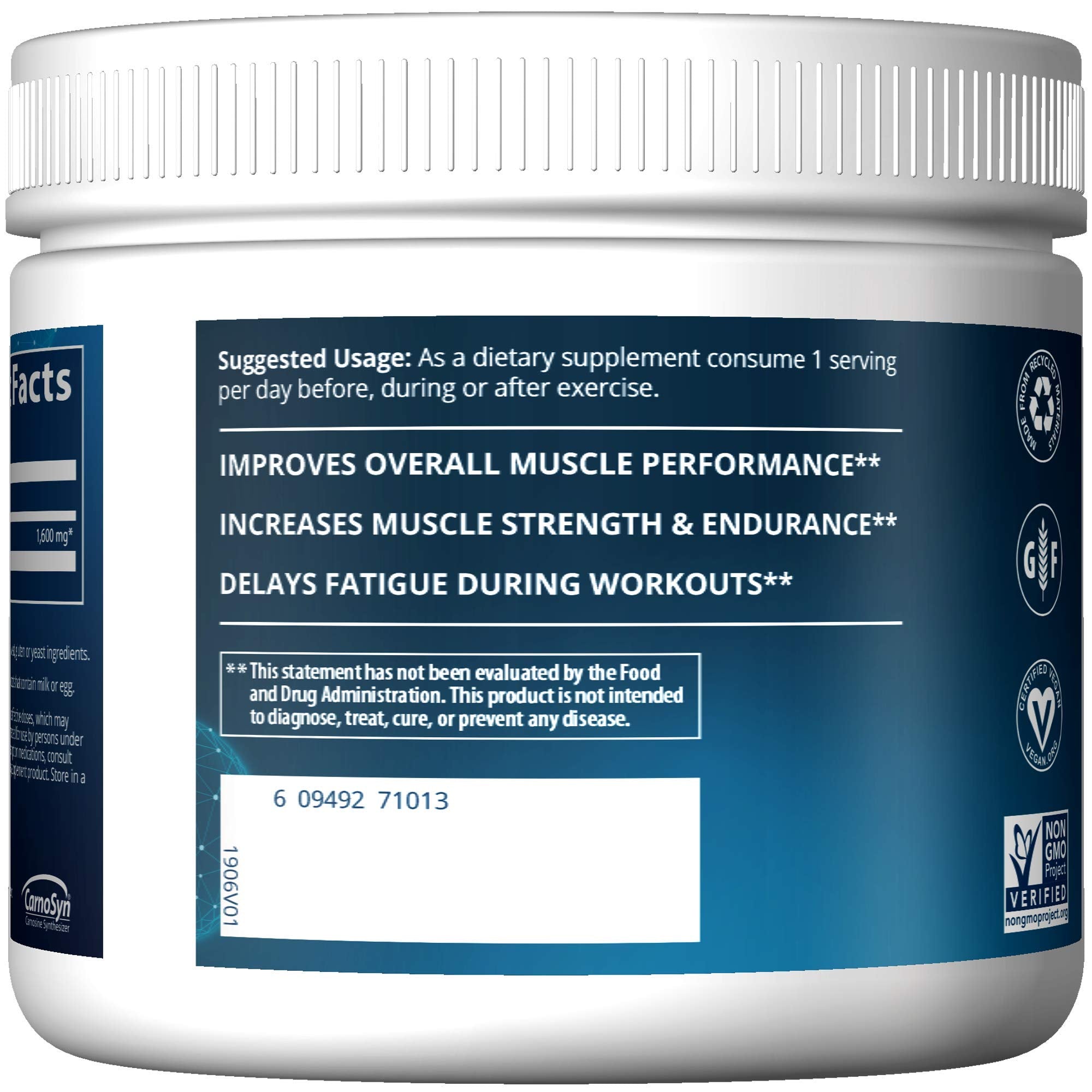 MRM Beta-Alanine label highlights gluten free vegan certification