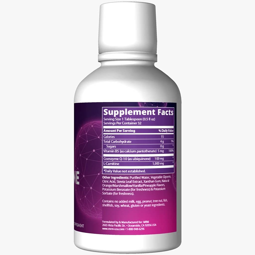 MRM CoQ-10 L-Carnitine Liquid glass with drops showing absorption-friendly formula