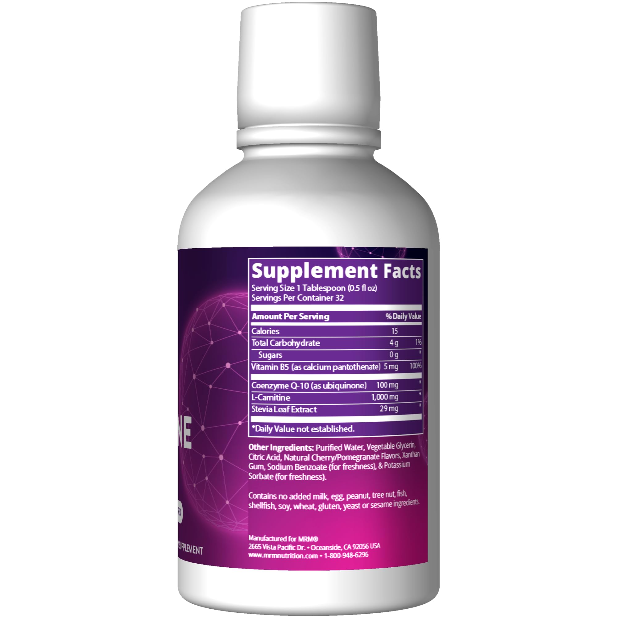 MRM CoQ-10 L-Carnitine Liquid pour showing smooth texture and flavor-ready supplement.