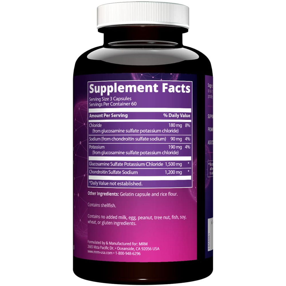 Close-up of MRM label showing 1500mg glucosamine and 1200mg chondroitin