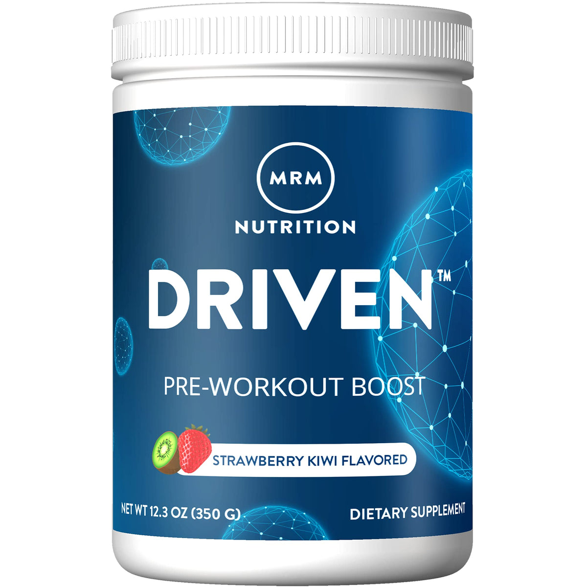 MRM Driven Pre-Workout Strawberry Kiwi tub front showing energy-boosting formula for workouts