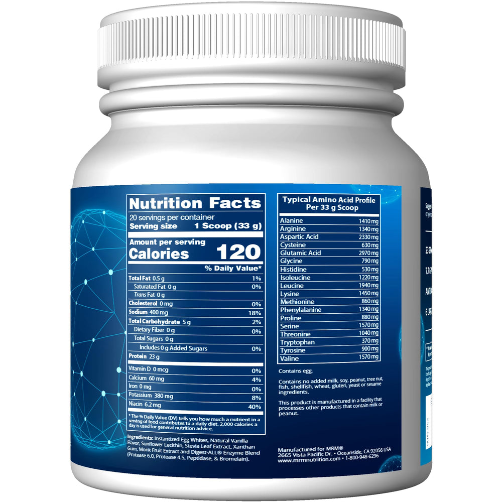 Jar of MRM Nutrition Egg White Protein Vanilla with scoop