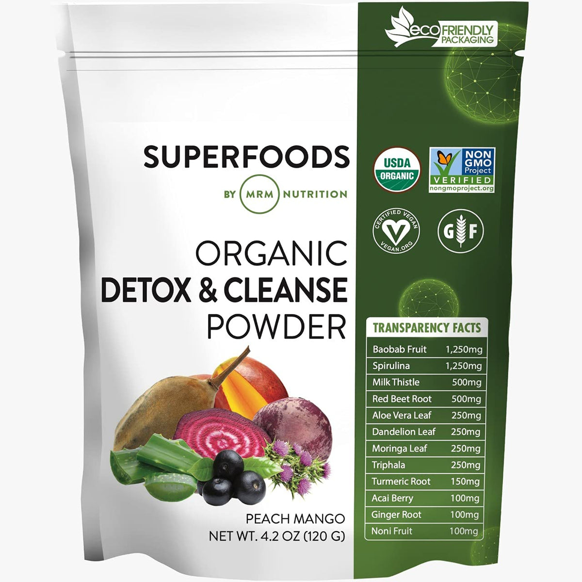 MRM Nutrition Organic Detox Cleanse Powder tub label shows vegan gluten-free and non-GMO attributes