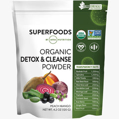MRM Nutrition Organic Detox Cleanse Powder tub label shows vegan gluten-free and non-GMO attributes