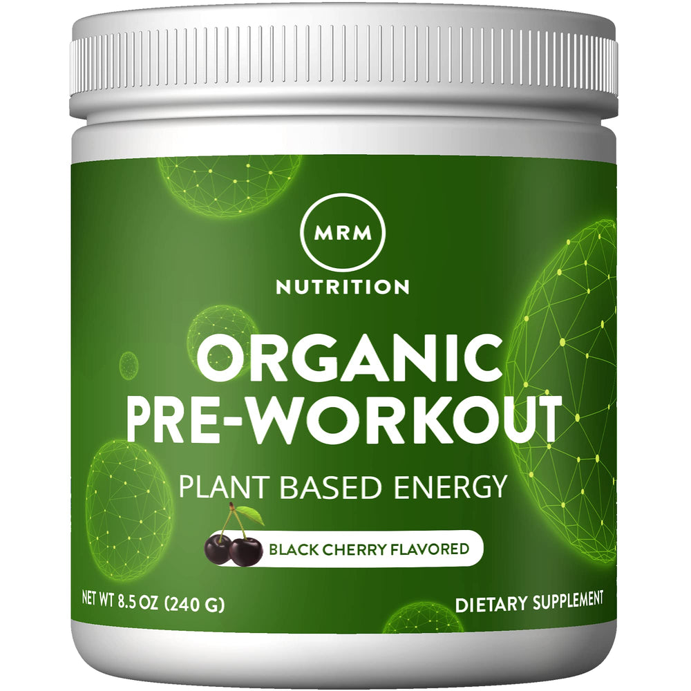 MRM Organic Pre-Workout powder bottle showcasing clean energy and focus benefits.