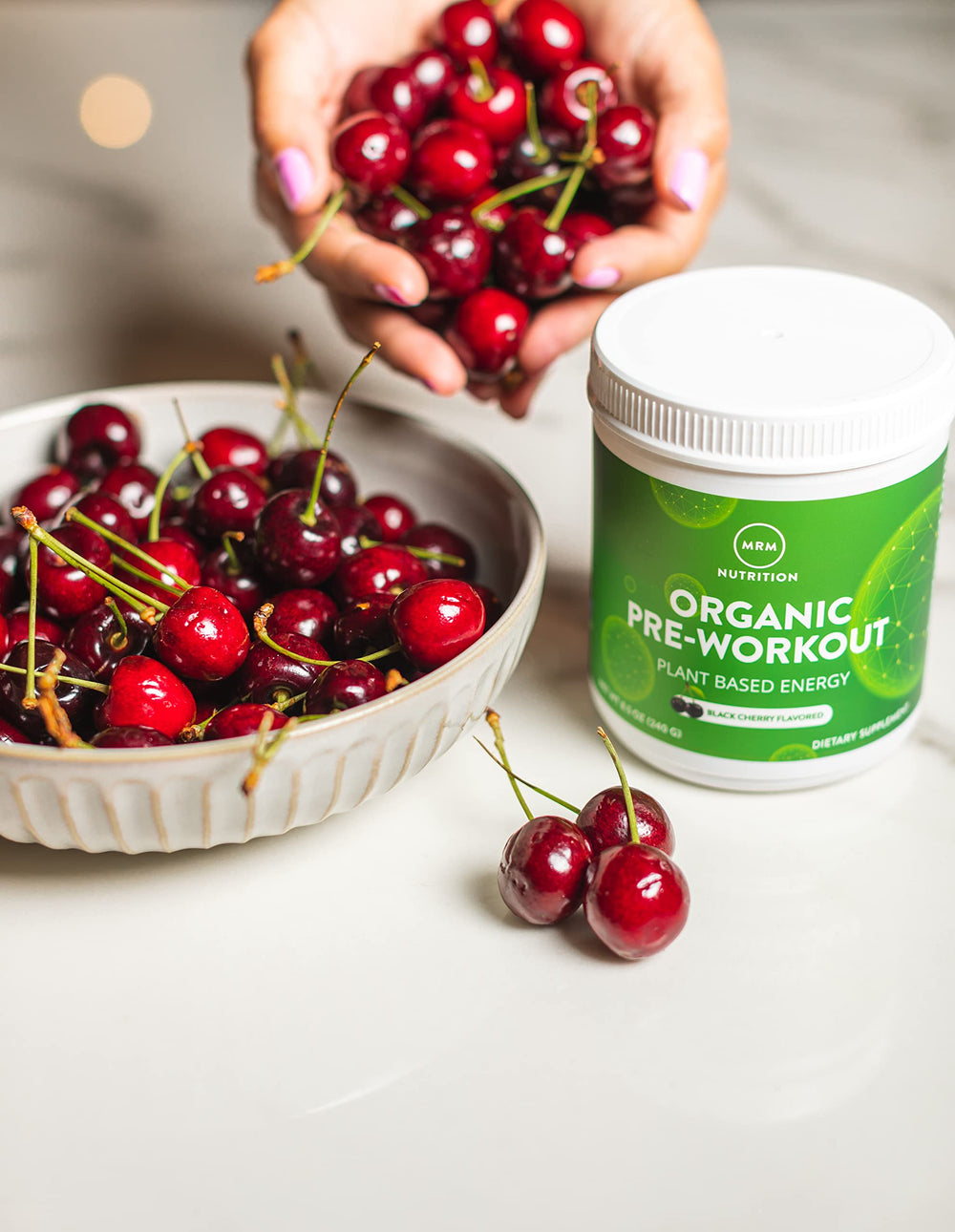 MRM vegan non-GMO label near bottle emphasizes clean ingredients.