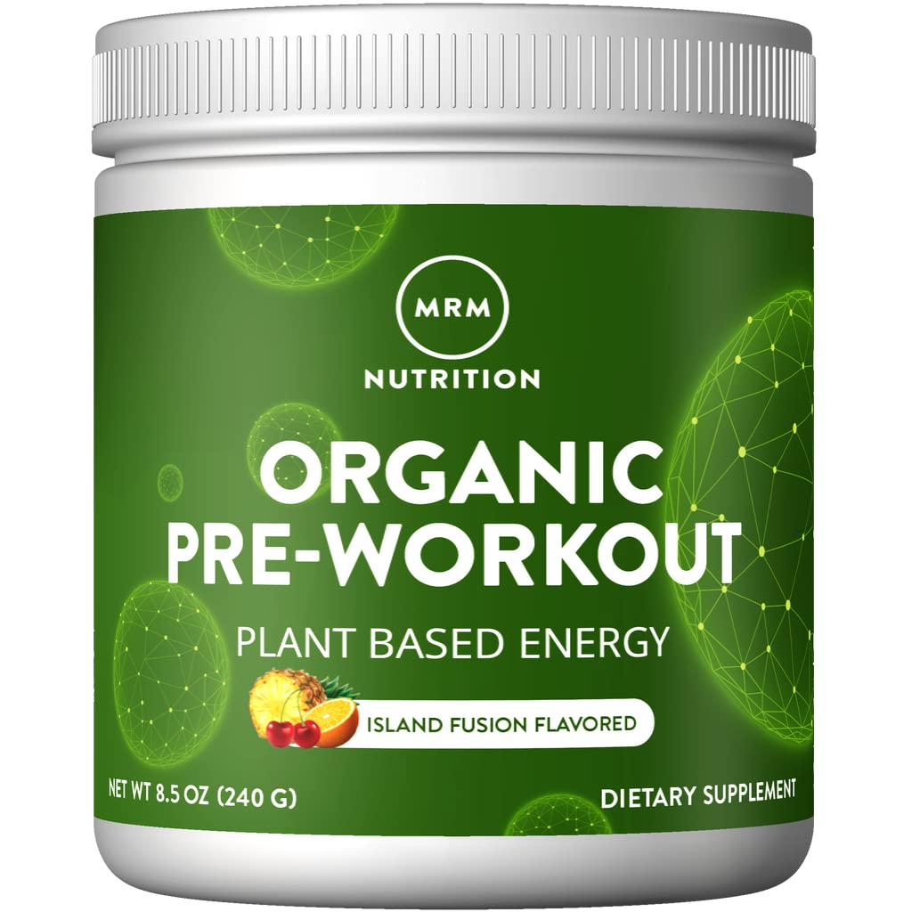 MRM Organic Preworkout Island Fusion front tub shows clean energy for workouts