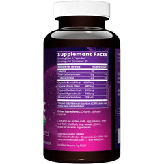 Close-up of MRM Organic Fiber capsules showing enzymes and prebiotics