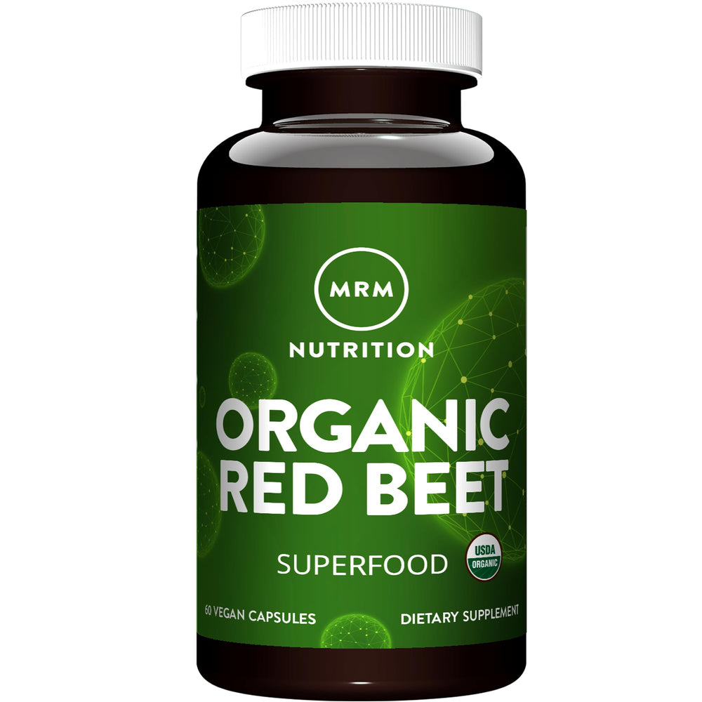 MRM red beet vegan capsules pour showing capsule texture and potential endurance support.