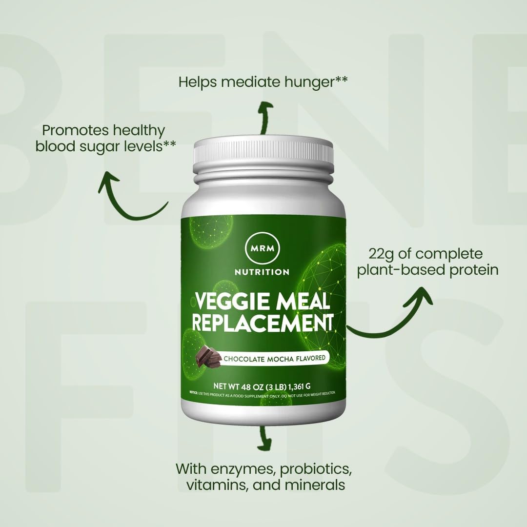 MRM Veggie Meal Replacement chocolate mocha bottle cap close-up emphasizes convenient meal-on-the-go.