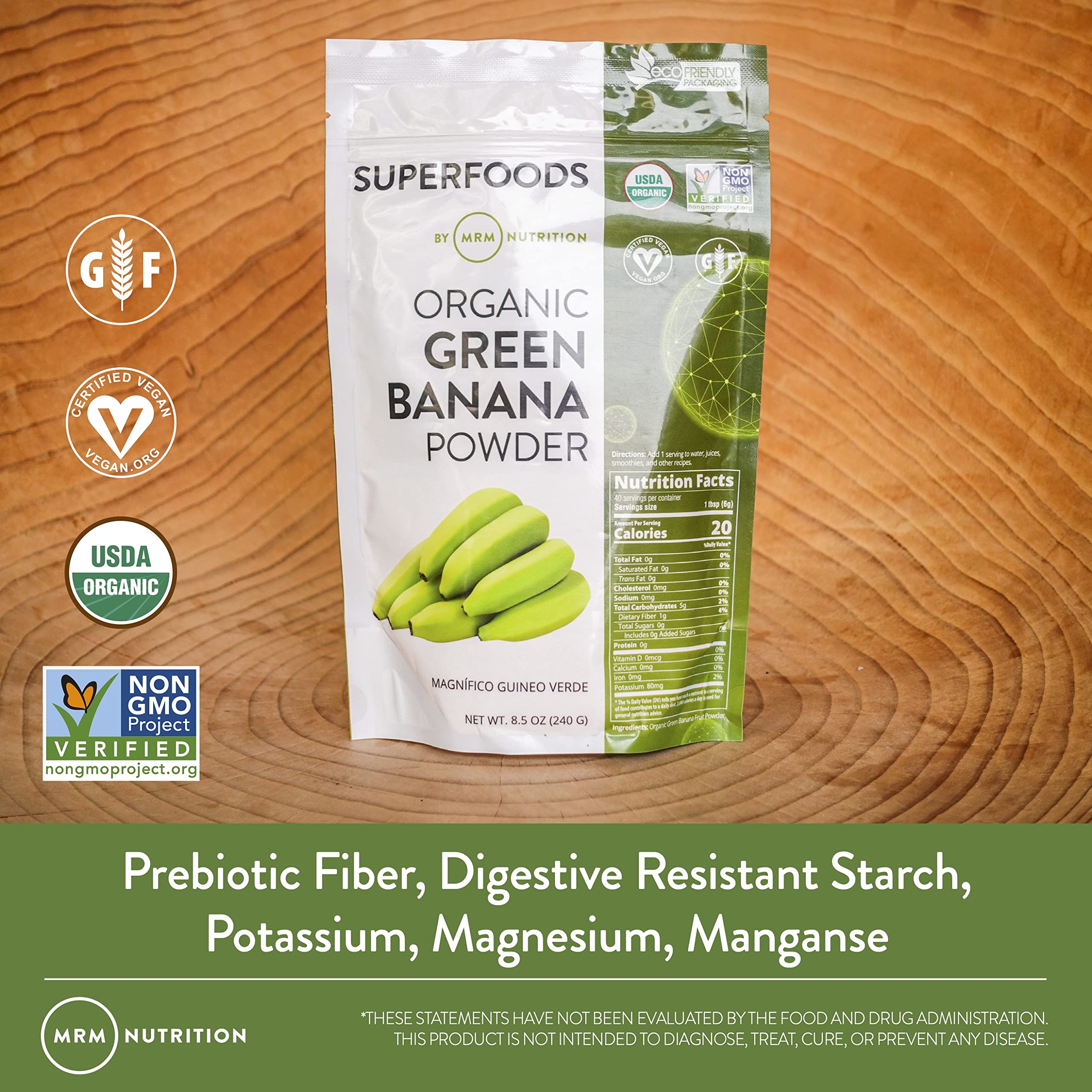 Green Banana Powder ingredients and certifications: Gluten-Free, Vegan, Non-GMO