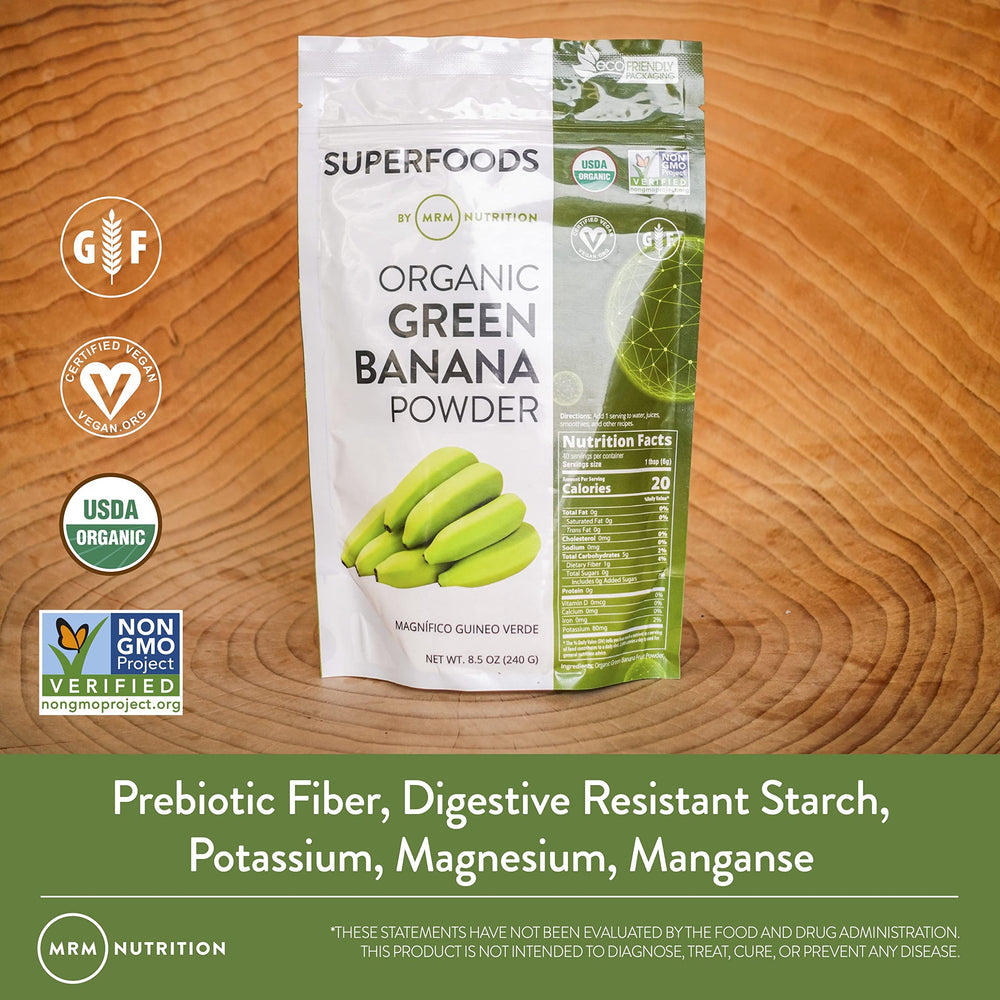 Green Banana Powder ingredients and certifications: Gluten-Free, Vegan, Non-GMO