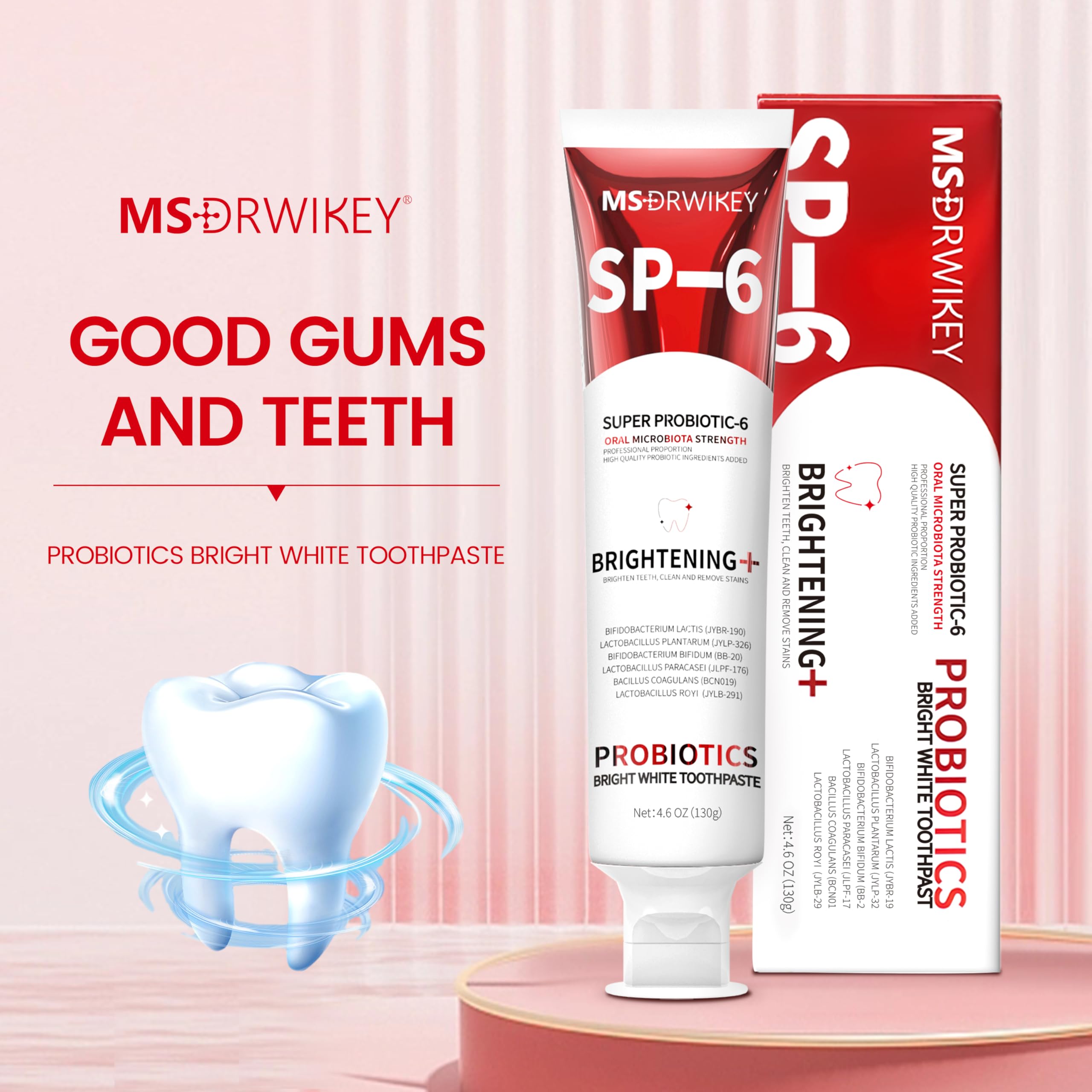 Graphic showing whitening and gum health benefits of SP-6