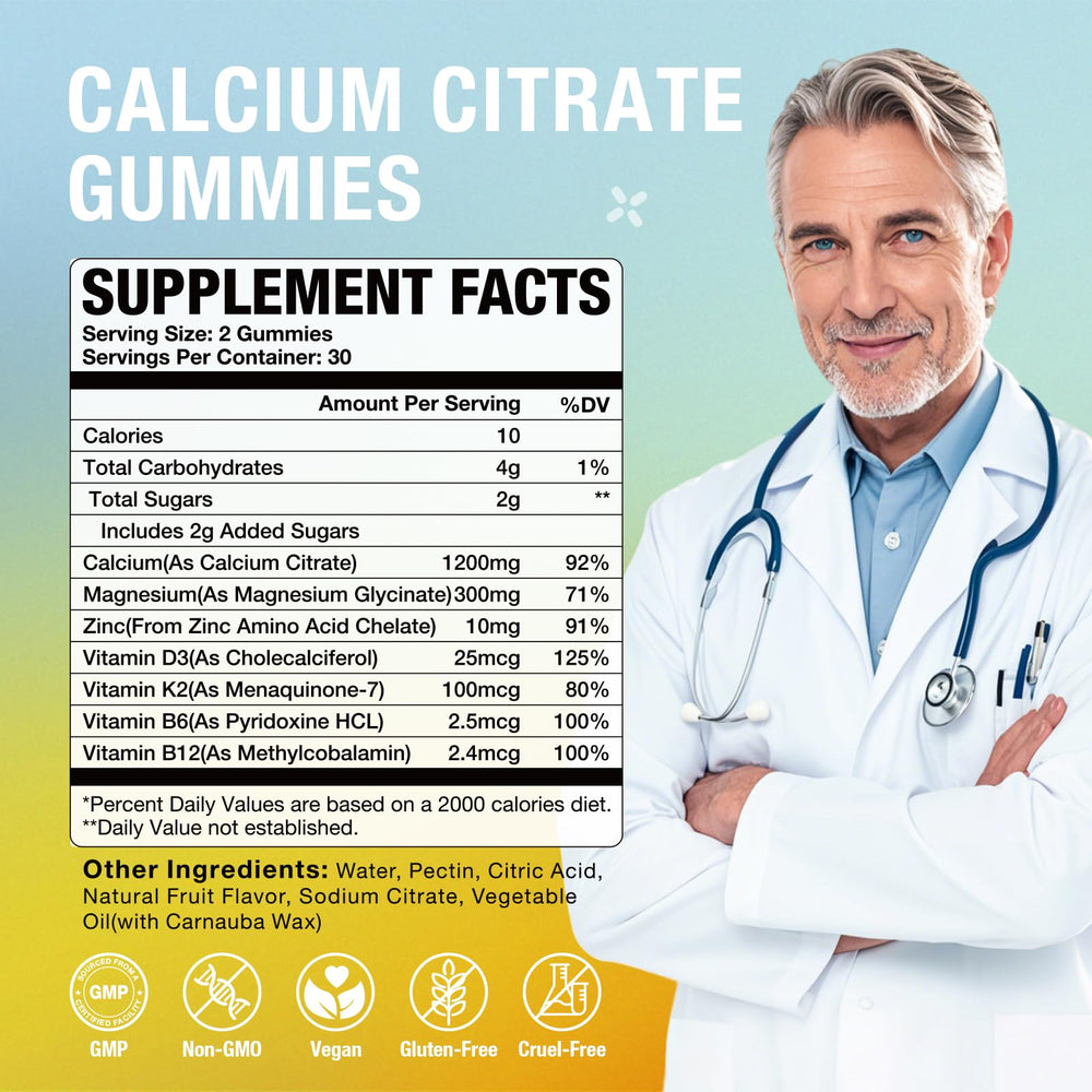 Ingredients: calcium citrate, vitamin D3, magnesium, zinc, K2, B6, B12