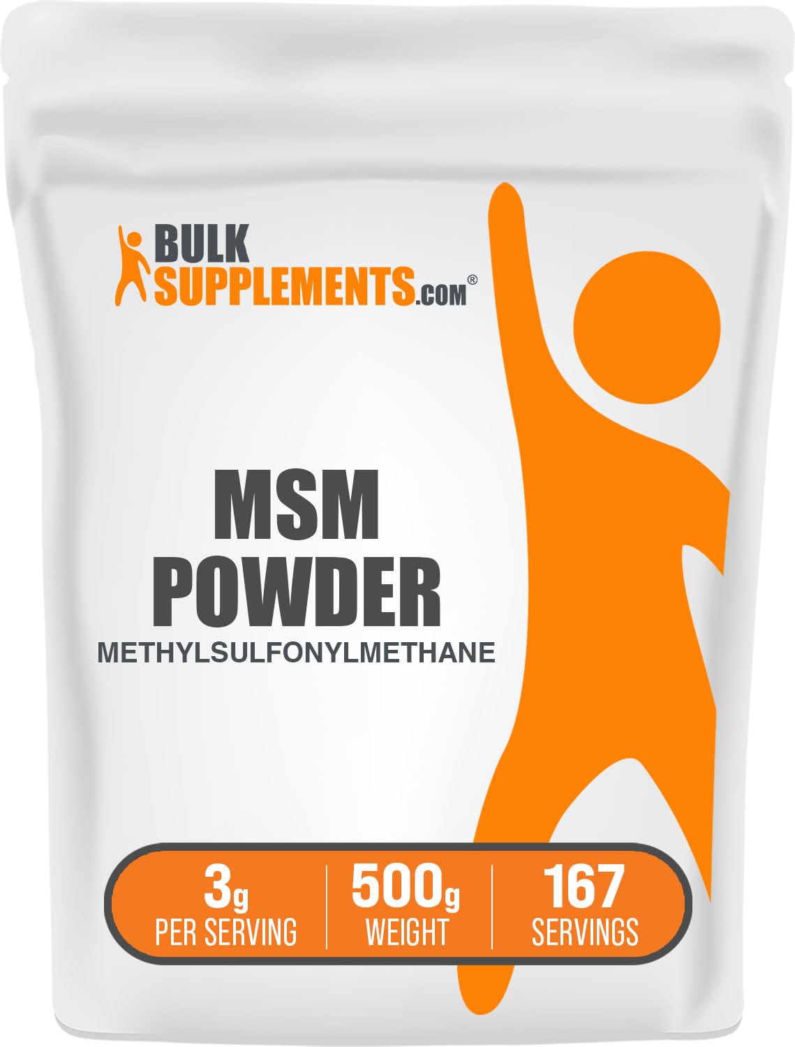 Front view of BulkSupplements MSM Powder 500g package