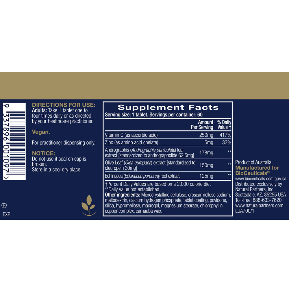 Supplement facts panel showing ingredients: andrographis, echinacea, olive leaf, vitamin C and zinc