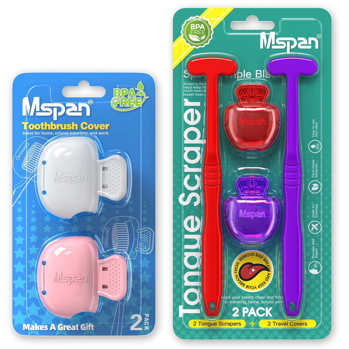 Mspan tongue scraper pair in white and pink for adults - two-pack