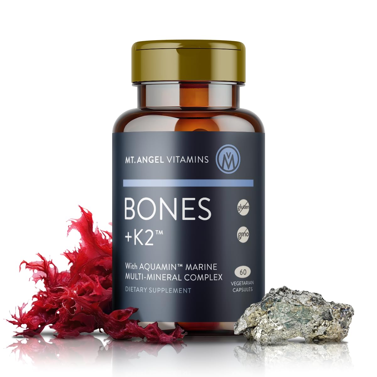 Mt. Angel Vitamins Bones + K2 Calcium Supplement with Aquamin 1600 mg – 60 Vegetarian Capsules