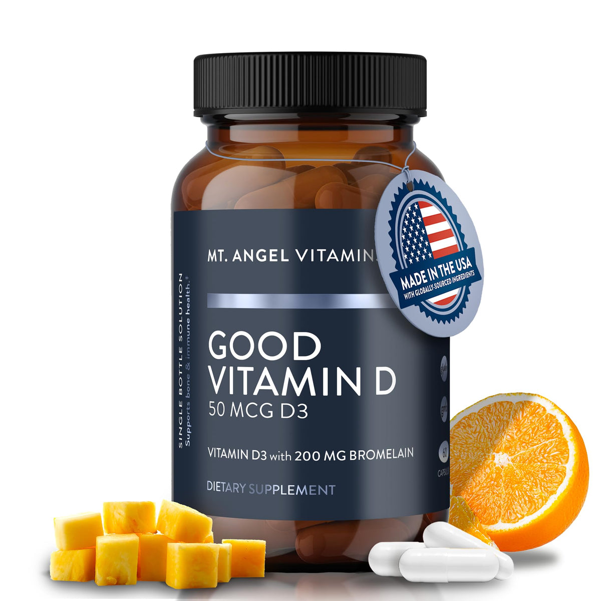 Bottle of Mt. Angel Vitamins Vitamin D3 2000 IU with bromelain 60 capsules