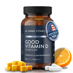 Bottle of Mt. Angel Vitamins Vitamin D3 2000 IU with bromelain 60 capsules
