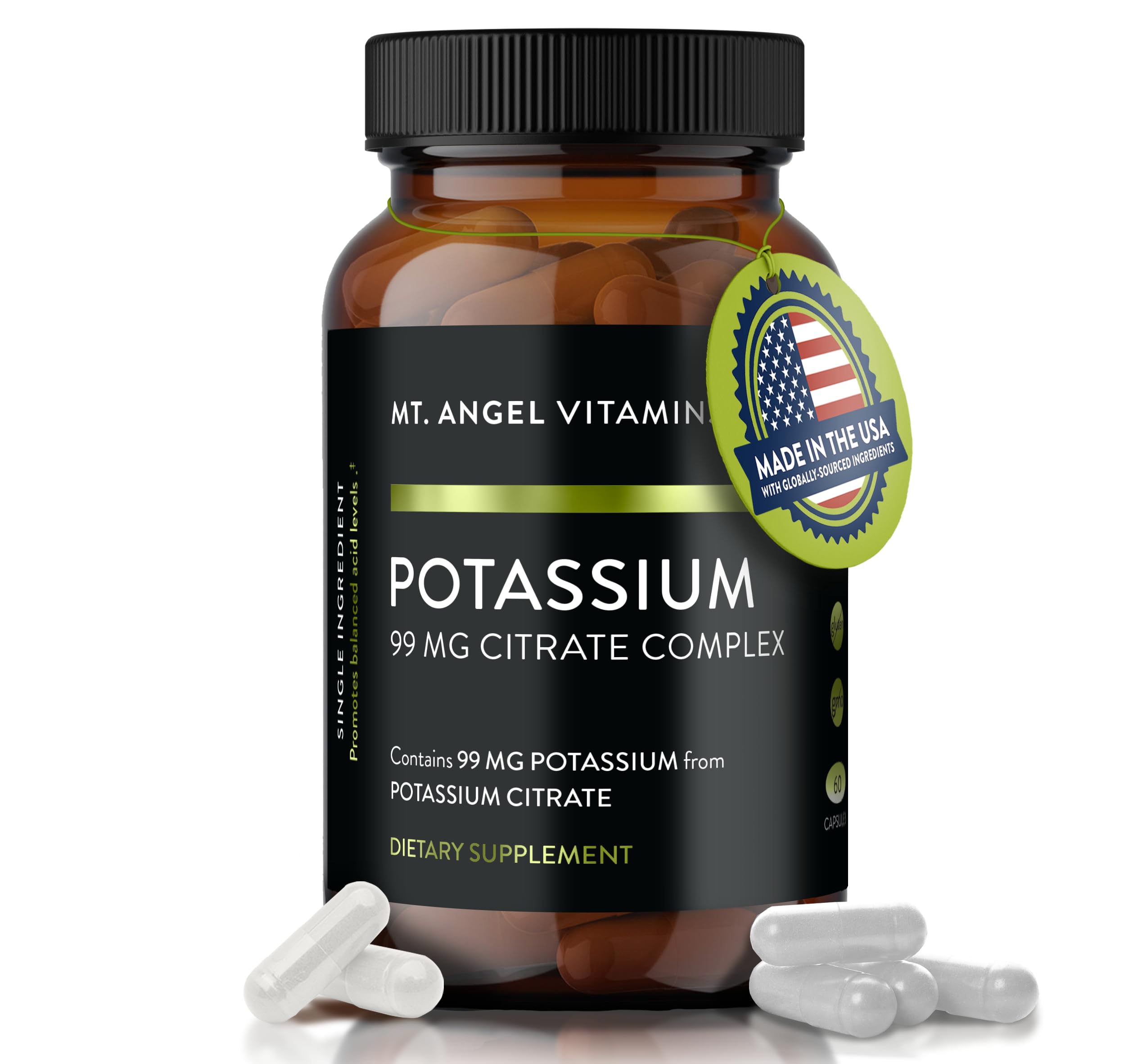 Mt. Angel Vitamins potassium supplement bottle with 99 mg potassium citrate, 60 capsules